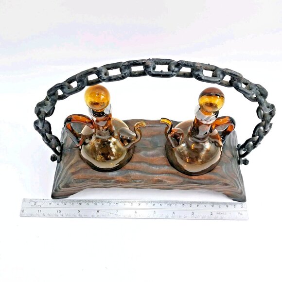 Alder Wood With Amber Glass  and Wrought Iron Handle Cruet Set- Oil & Vinegar - Picture 9 of 10